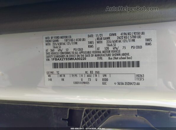 1FBAX2Y85MKA90220 2021 FORD TRANSIT-350 White Vista del compartimento del motor