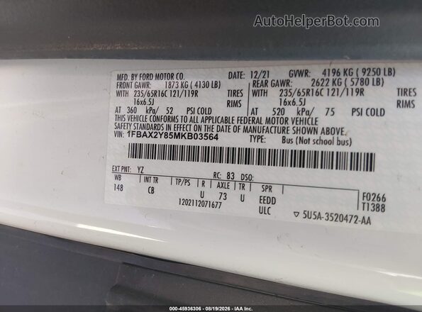 1FBAX2Y85MKB03564 2021 FORD TRANSIT-350 White Widok komory silnika
