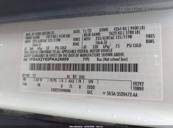 1FBAX2Y85PKA26909 2023 FORD TRANSIT-350 White Շարժիչի բաժամունքի տեսք