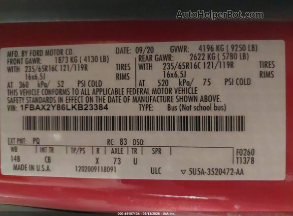 1FBAX2Y86LKB23384 2020 FORD TRANSIT-350 Red ძრავის განყოფილების ხედი