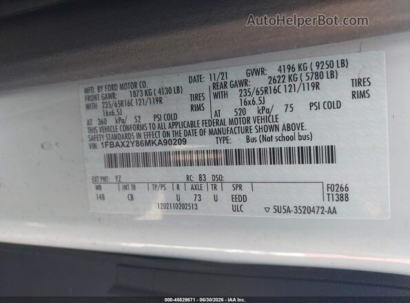 1FBAX2Y86MKA90209 2021 FORD TRANSIT-350 White Vista del compartimento del motor