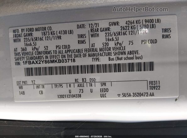 1FBAX2Y86MKB03718 2021 FORD TRANSIT-350 White Vista del compartimento del motor