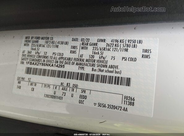 1FBAX2Y86NKA14295 2022 FORD TRANSIT-350 Белый Вид подкапотного пространства