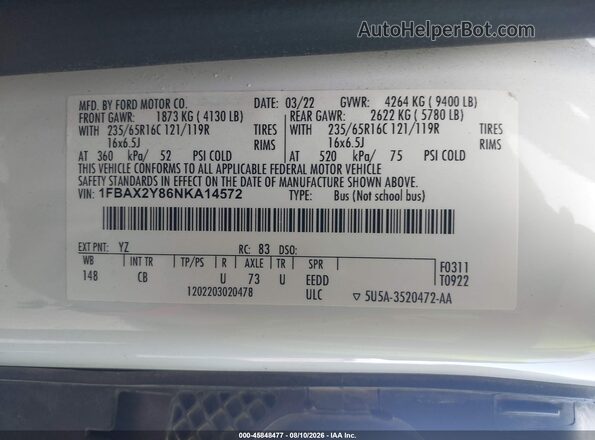 1FBAX2Y86NKA14572 2022 FORD TRANSIT-350 Белый Вид подкапотного пространства