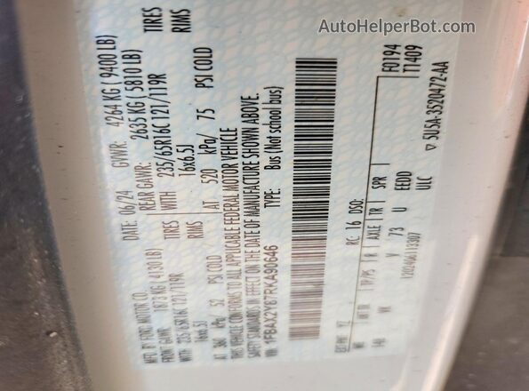 1FBAX2Y87RKA90646 2024 FORD TRANSIT White VIN კოდის სტიკერის ხედი