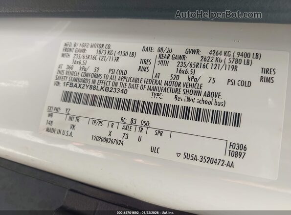 1FBAX2Y88LKB23340 2020 FORD TRANSIT-350 White Vista del compartimento del motor