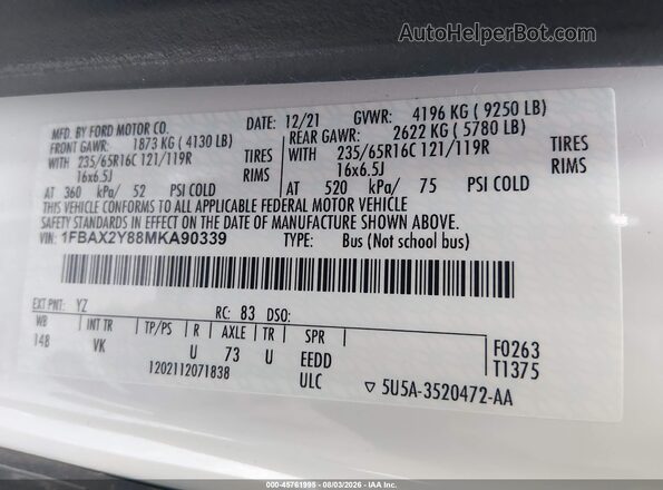 1FBAX2Y88MKA90339 2021 FORD TRANSIT-350 White Вид підкапотного простору