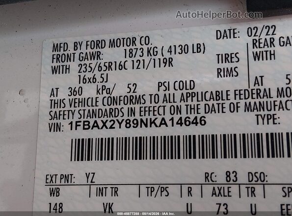 1FBAX2Y89NKA14646 2022 FORD TRANSIT-350 Черный Вид подкапотного пространства