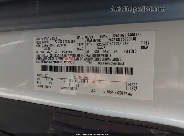 1FBAX2Y8XLKB23338 2020 FORD TRANSIT-350 White Вид підкапотного простору