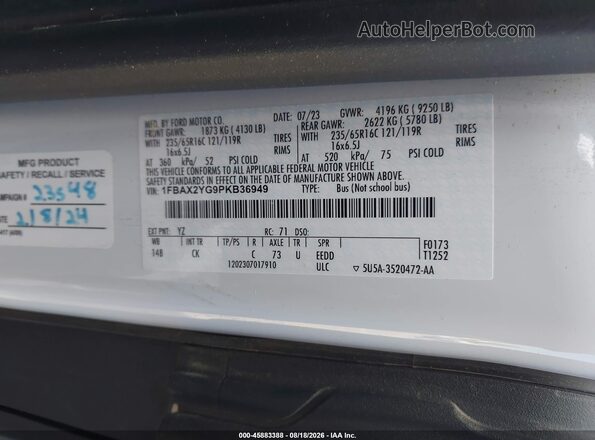 1FBAX2YG9PKB36949 2023 FORD TRANSIT-350 White Vista de la etiqueta del VIN