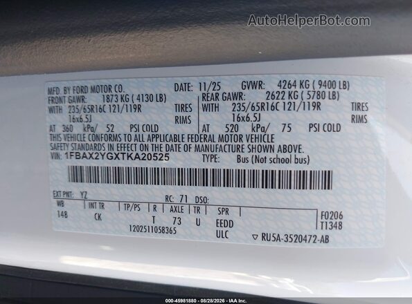 1FBAX2YGXTKA20525 2026 FORD TRANSIT-350 White Vista del compartimento del motor