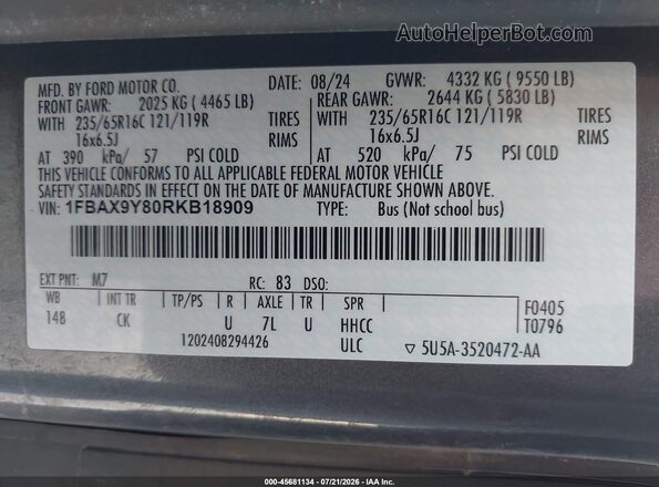 1FBAX9Y80RKB18909 2024 FORD TRANSIT-350 Gray Vista del compartimento del motor