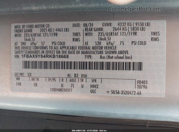 1FBAX9Y84RKB18668 2024 FORD TRANSIT-350 Silver Widok komory silnika