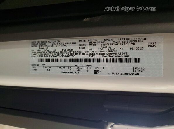 1FBAX9Y84TKB08276 2026 FORD TRANSIT White Vista interior de 360 grados