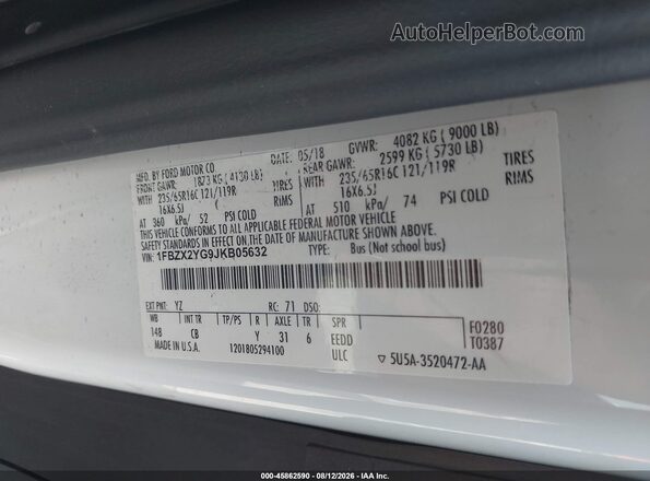 1FBZX2YG9JKB05632 2018 FORD TRANSIT-350 White ძრავის განყოფილების ხედი
