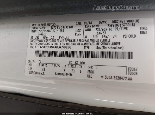 1FBZX2YM0JKA70856 2018 FORD TRANSIT-350 White Շարժիչի բաժամունքի տեսք