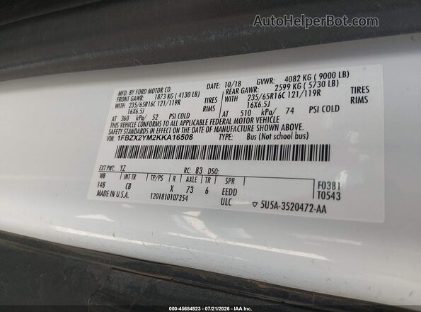 1FBZX2YM2KKA16508 2019 FORD TRANSIT-350 Белый Вид подкапотного пространства