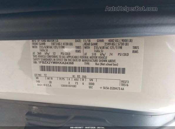 1FBZX2YM8KKA24368 2019 FORD TRANSIT-350 White Vista del compartimento del motor