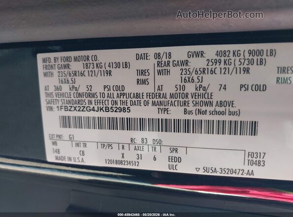 1FBZX2ZG4JKB52985 2018 FORD TRANSIT-350 Black Вид підкапотного простору