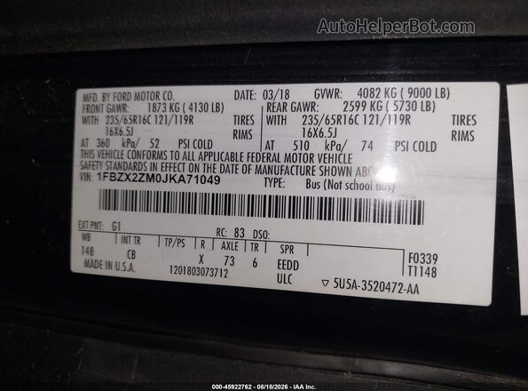 1FBZX2ZM0JKA71049 2018 FORD TRANSIT-350 Black Вид підкапотного простору