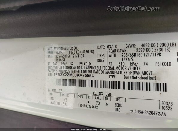 1FBZX2ZM0JKA75554 2018 FORD TRANSIT-350 White Շարժիչի բաժամունքի տեսք