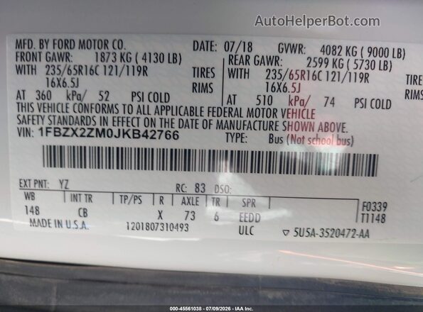 1FBZX2ZM0JKB42766 2018 FORD TRANSIT-350 White Շարժիչի բաժամունքի տեսք