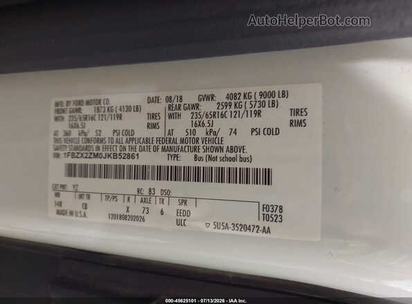 1FBZX2ZM0JKB52861 2018 FORD TRANSIT-350 White Vista del compartimento del motor