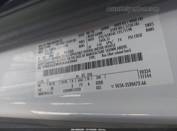 1FBZX2ZM0KKA03044 2019 FORD TRANSIT-350 White Vista del compartimento del motor