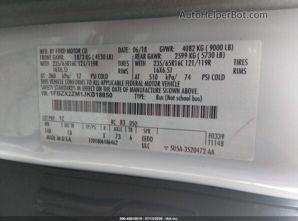 1FBZX2ZM1JKB18850 2018 FORD TRANSIT-350 White Vista del compartimento del motor