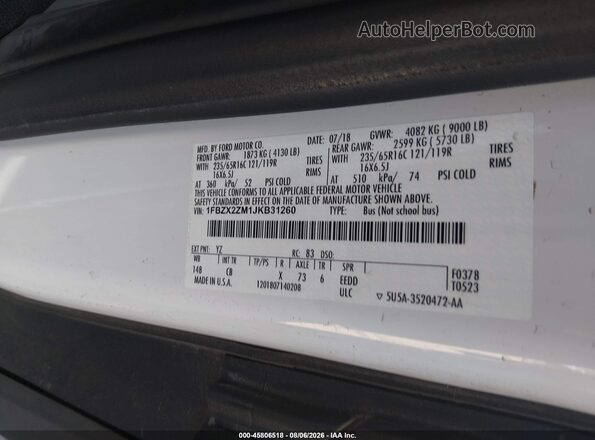 1FBZX2ZM1JKB31260 2018 FORD TRANSIT-350 Белый Вид подкапотного пространства