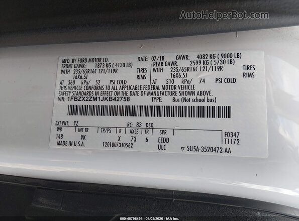 1FBZX2ZM1JKB42758 2018 FORD TRANSIT-350 Белый Вид подкапотного пространства
