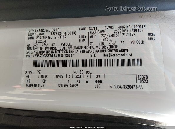 1FBZX2ZM1JKB42811 2018 FORD TRANSIT-350 Белый Вид подкапотного пространства