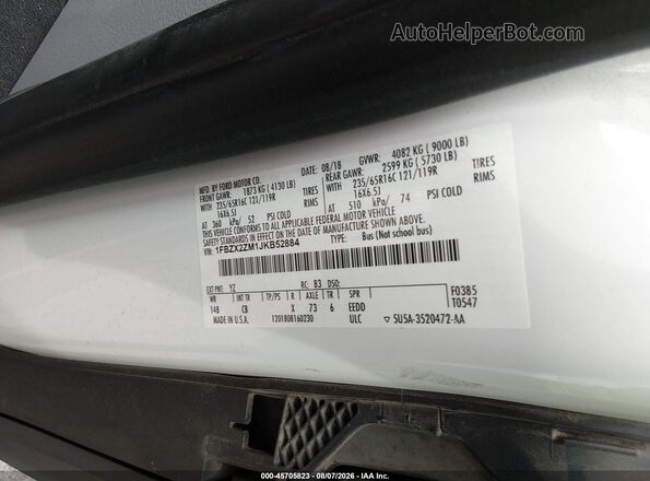 1FBZX2ZM1JKB52884 2018 FORD TRANSIT-350 White Widok komory silnika