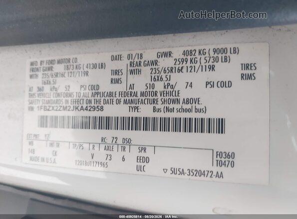 1FBZX2ZM2JKA42958 2018 FORD TRANSIT-350 White Vista del compartimento del motor