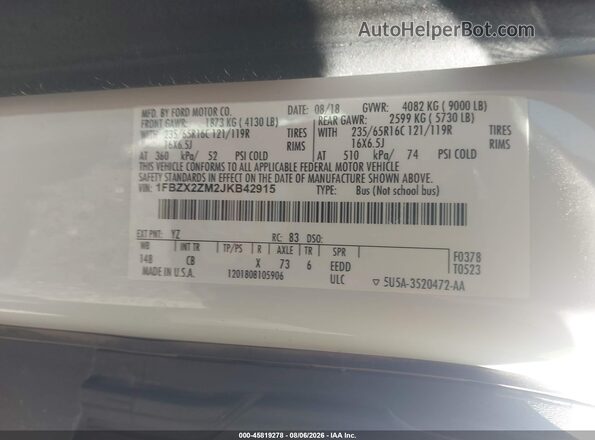 1FBZX2ZM2JKB42915 2018 FORD TRANSIT-350 White Vista del compartimento del motor