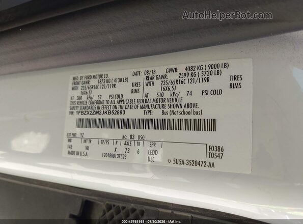 1FBZX2ZM2JKB52893 2018 FORD TRANSIT-350 White Widok komory silnika