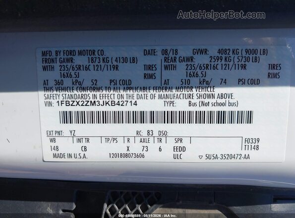 1FBZX2ZM3JKB42714 2018 FORD TRANSIT-350 White Vista del compartimento del motor