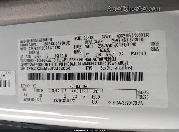 1FBZX2ZM3JKB52868 2018 FORD TRANSIT-350 White ძრავის განყოფილების ხედი