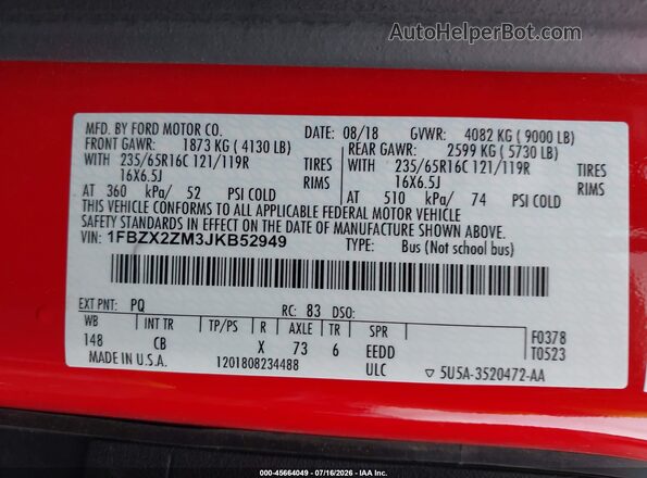 1FBZX2ZM3JKB52949 2018 FORD TRANSIT-350 Красный Вид подкапотного пространства