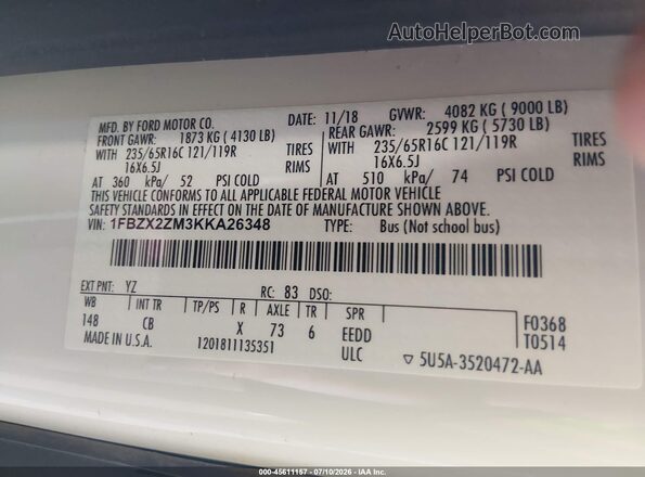 1FBZX2ZM3KKA26348 2019 FORD TRANSIT-350 White Вид підкапотного простору