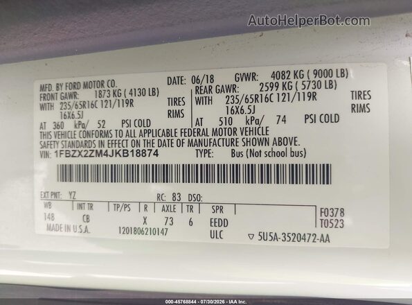1FBZX2ZM4JKB18874 2018 FORD TRANSIT-350 White Вид підкапотного простору