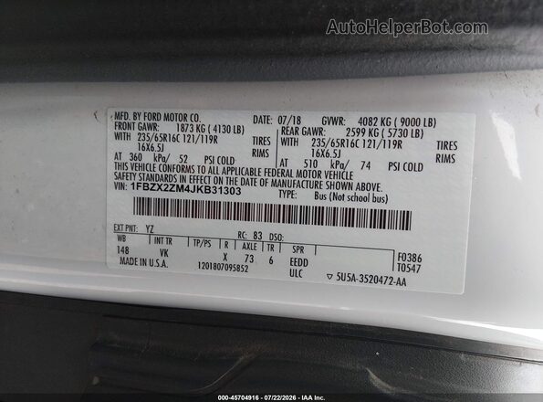 1FBZX2ZM4JKB31303 2018 FORD TRANSIT-350 White Շարժիչի բաժամունքի տեսք