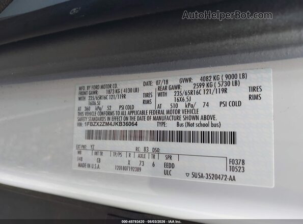 1FBZX2ZM4JKB36064 2018 FORD TRANSIT-350 White Vista del compartimento del motor