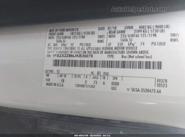 1FBZX2ZM4JKB36078 2018 FORD TRANSIT-350 White Widok komory silnika
