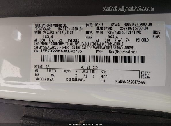 1FBZX2ZM4JKB42785 2018 FORD TRANSIT-350 White Engine compartment view
