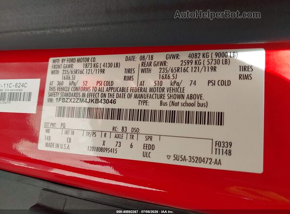 1FBZX2ZM4JKB43046 2018 FORD TRANSIT-350 Red Вид підкапотного простору