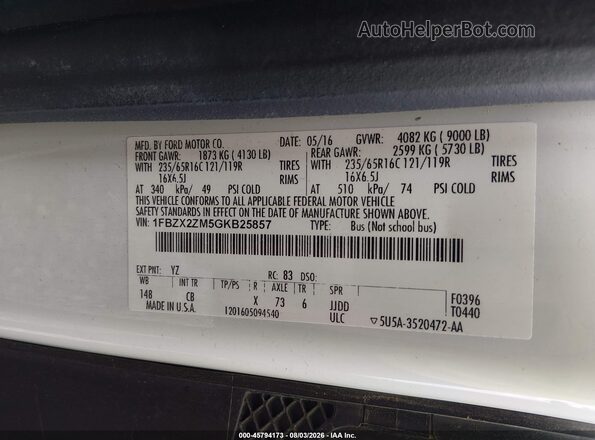 1FBZX2ZM5GKB25857 2016 FORD TRANSIT-350 White ძრავის განყოფილების ხედი