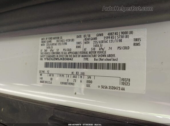 1FBZX2ZM5JKB36042 2018 FORD TRANSIT-350 White Vista del compartimento del motor