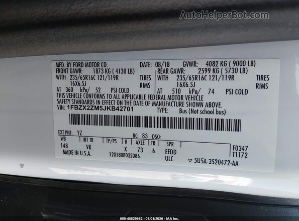 1FBZX2ZM5JKB42701 2018 FORD TRANSIT-350 White Շարժիչի բաժամունքի տեսք