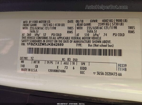 1FBZX2ZM5JKB42889 2018 FORD TRANSIT-350 White Vista del compartimento del motor